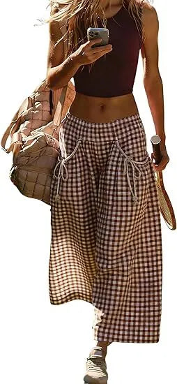 Plaid Drawstring Wide Leg Cropped Pants