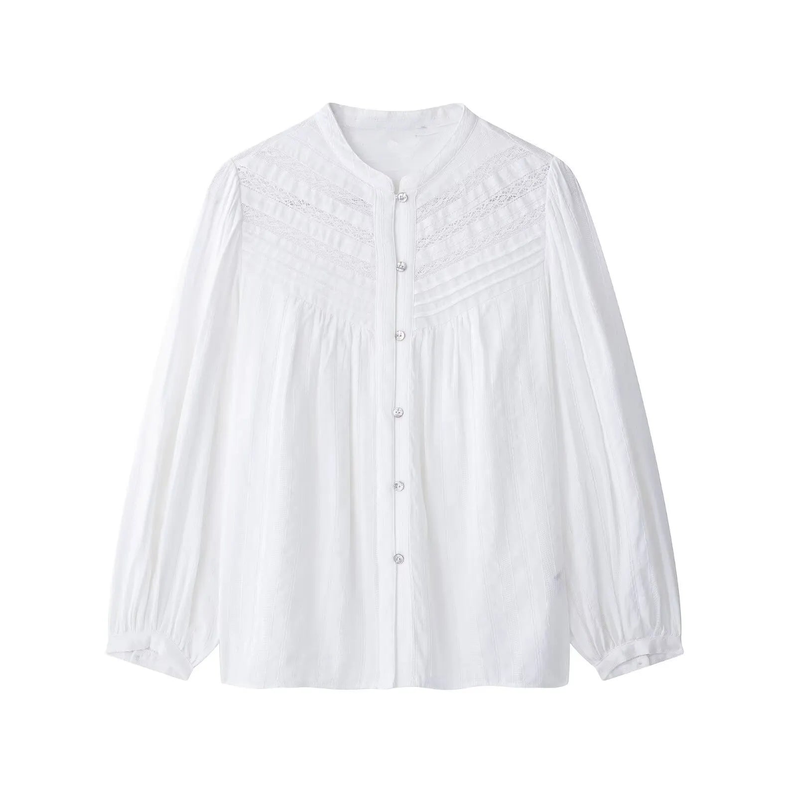Stand Collar Lace Embroidery Puff Long Sleeve Button Down Blouse