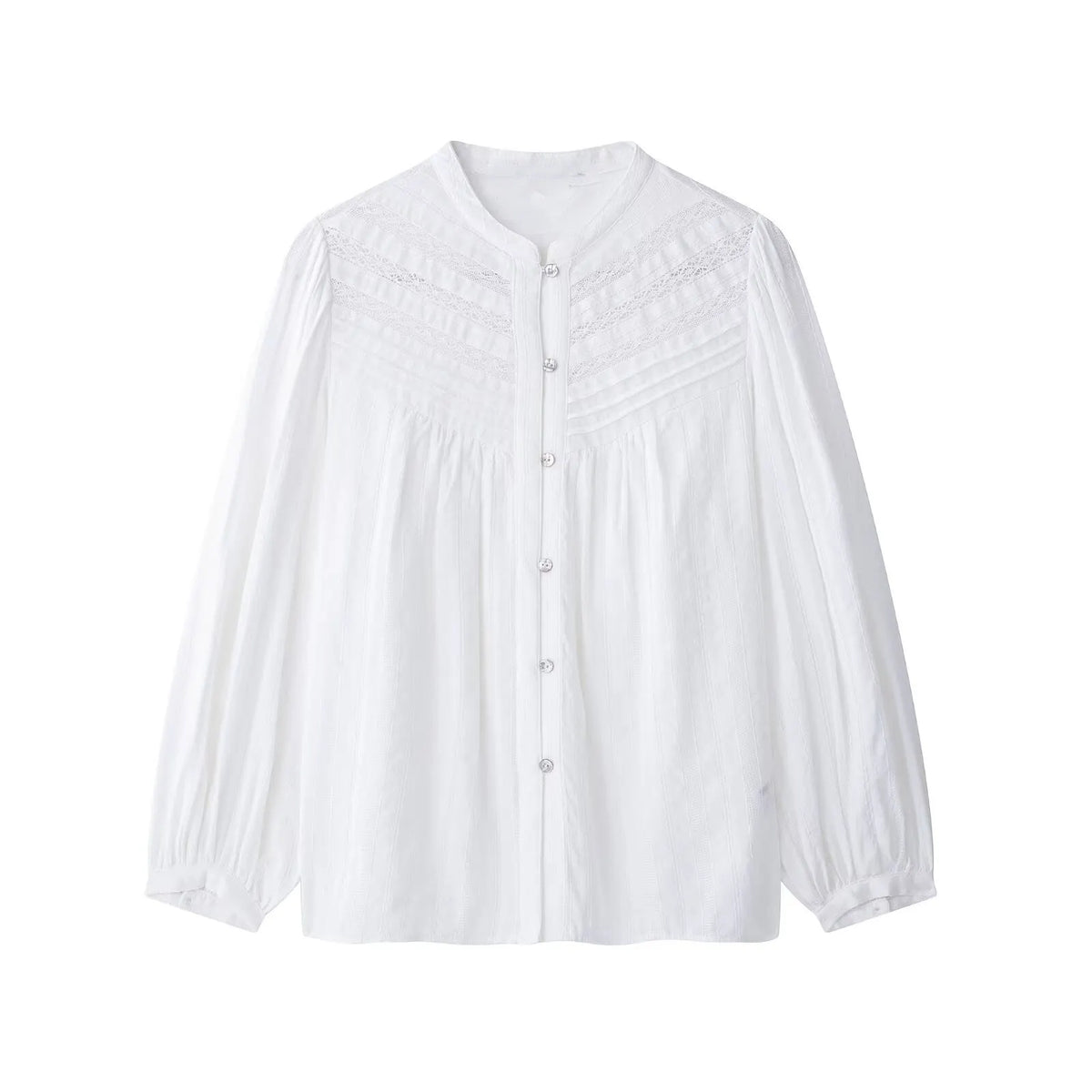 Stand Collar Lace Embroidery Puff Long Sleeve Button Down Blouse