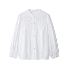 Stand Collar Lace Embroidery Puff Long Sleeve Button Down Blouse