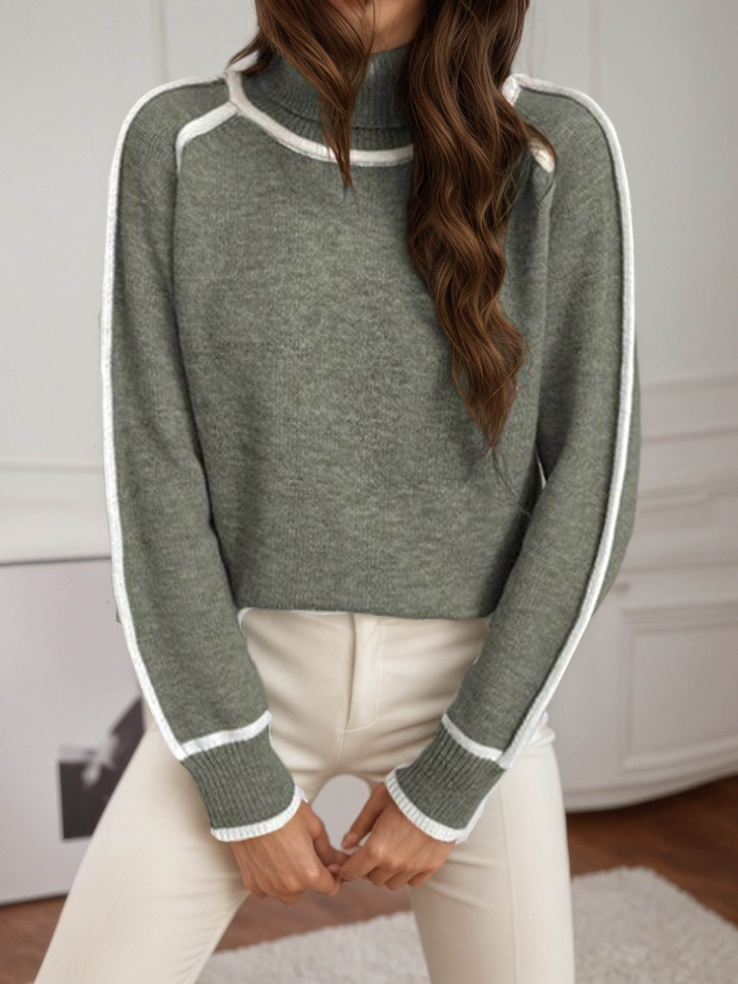 Contrast Trim Turtleneck Sweater, Ladies Raglan Sleeve Soft Knit Loose Fit Casual Pullover