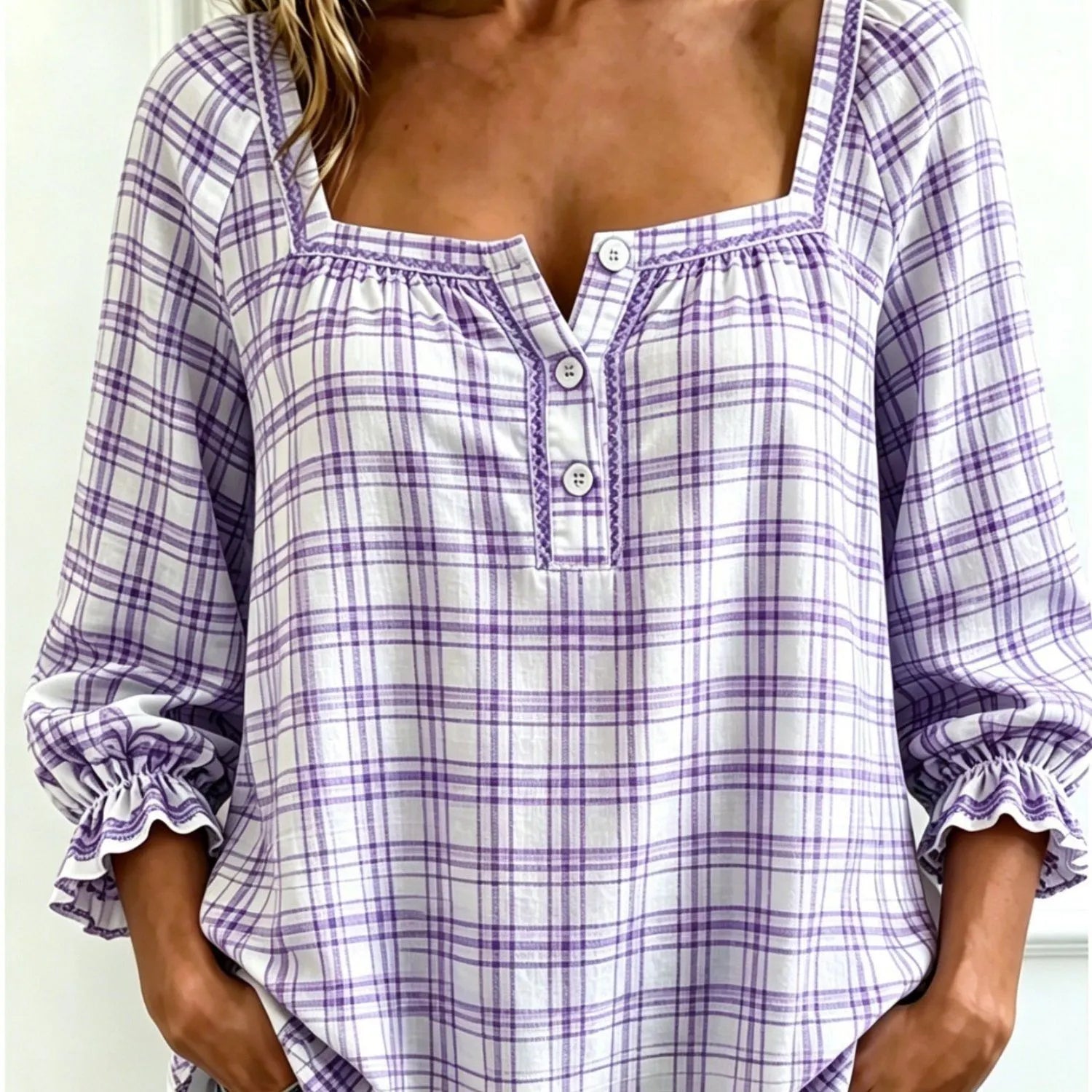 Plaid Square Neck Button Front Bubble 7/4 Sleeve Loose Casual Blouse