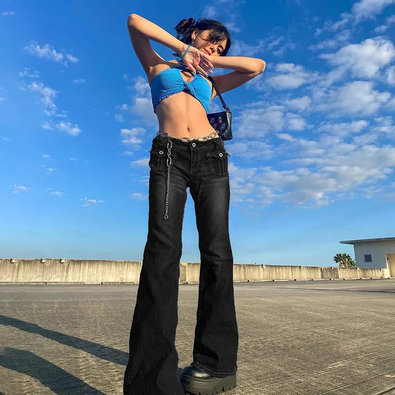 Y2K Dark Blue Multi Pocket Chain Decor Flared Jeans