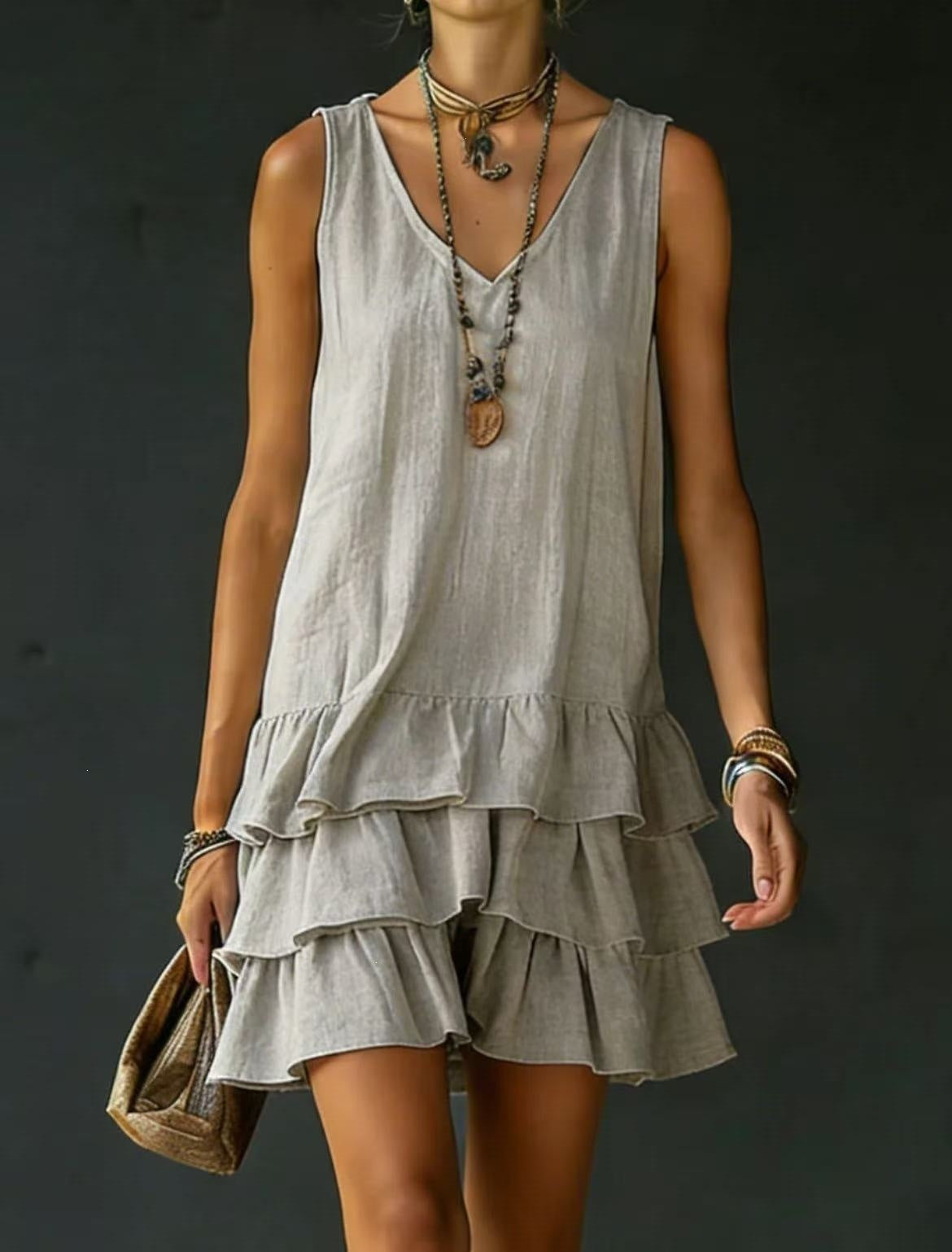 Sleeveless V-Neck Loose Tiered Ruffle Hem Solid Casual Mini Dress