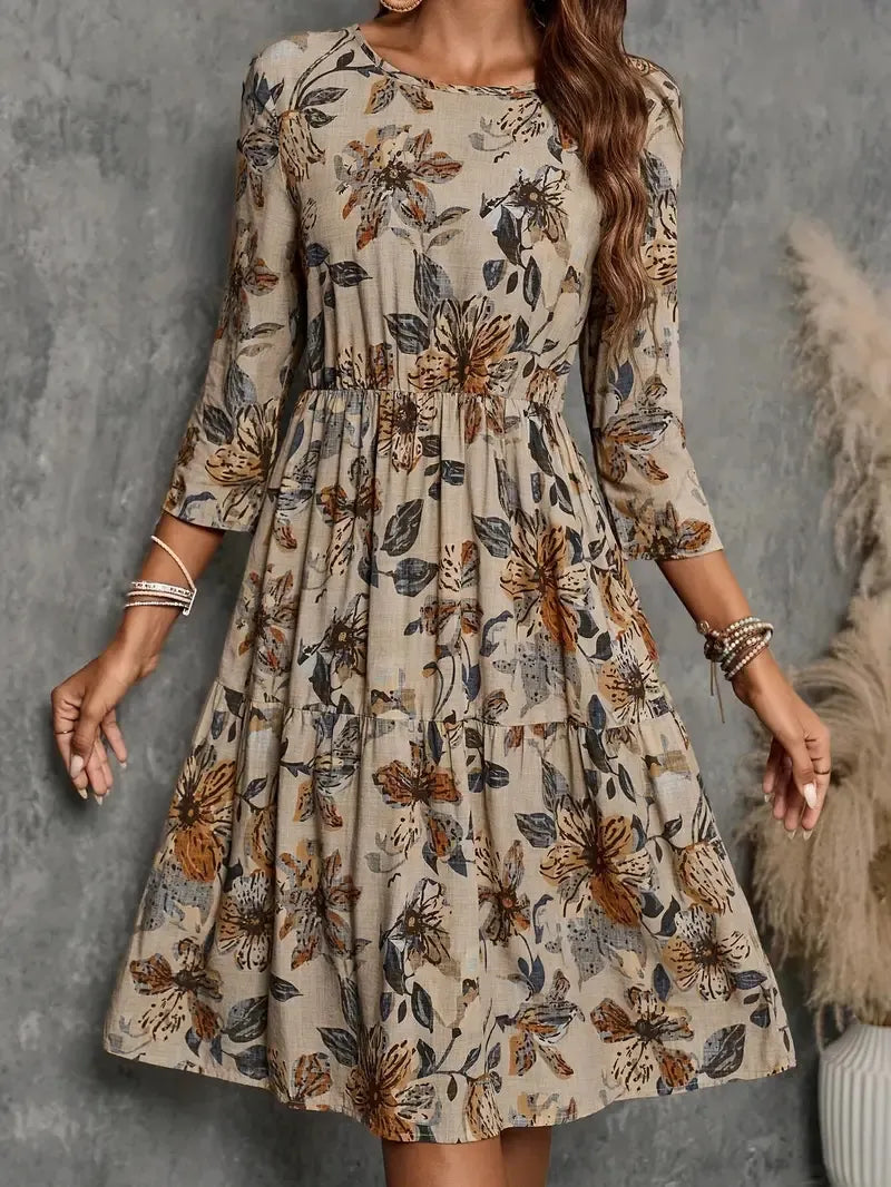 Round Neck All Over Floral Print High Waist Lantern Sleeve A-Line Midi Dress