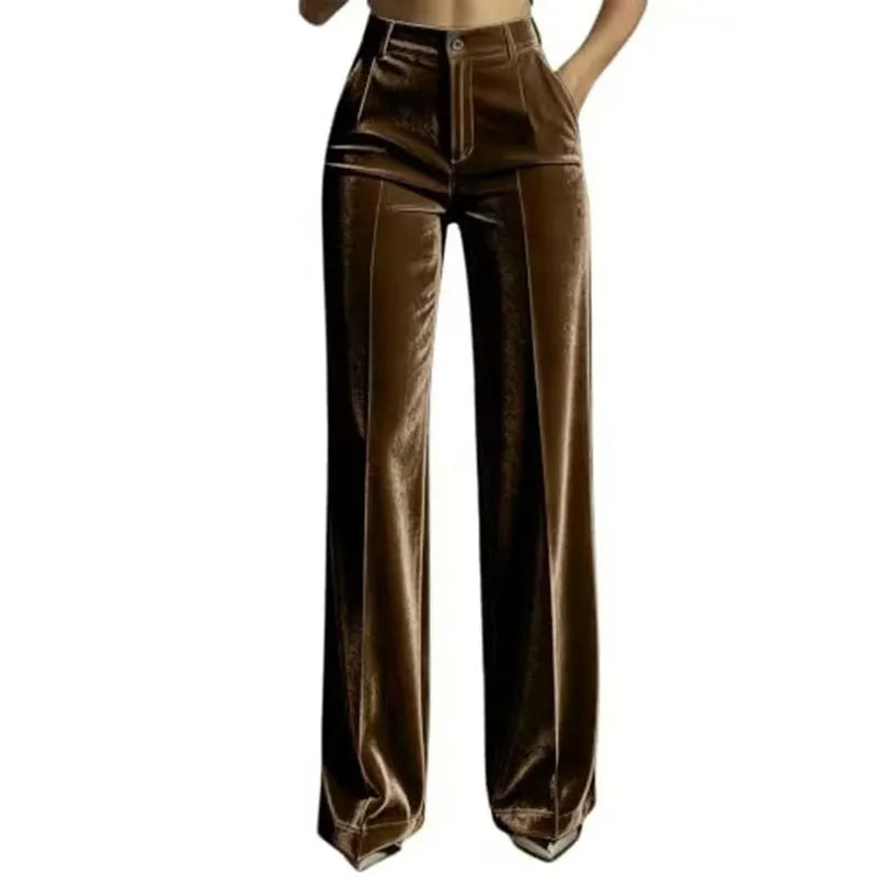 Mid-High Waist Golden Velvet Straight Leg Suit Pants