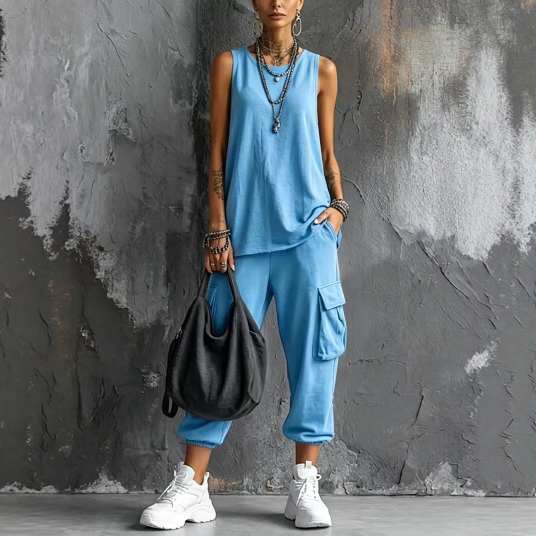 Dark Gray Sleeveless Tank & Cargo Pants Set