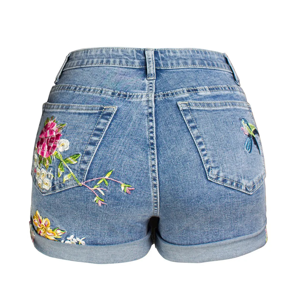 Boho Floral Bird Embroidered Denim Shorts