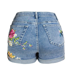 Boho Floral Bird Embroidered Denim Shorts