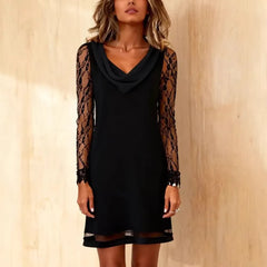 Draped Cowl Neck Hollow Lace Long Sleeve Spliced Slim A-Line Mini Dress