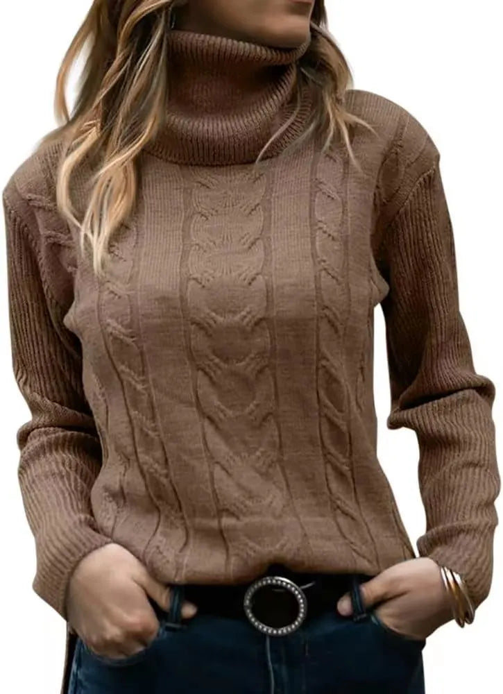 Thick Cable Knit Turtleneck Sweater, Classic Warm Long Sleeve Winter Jumper