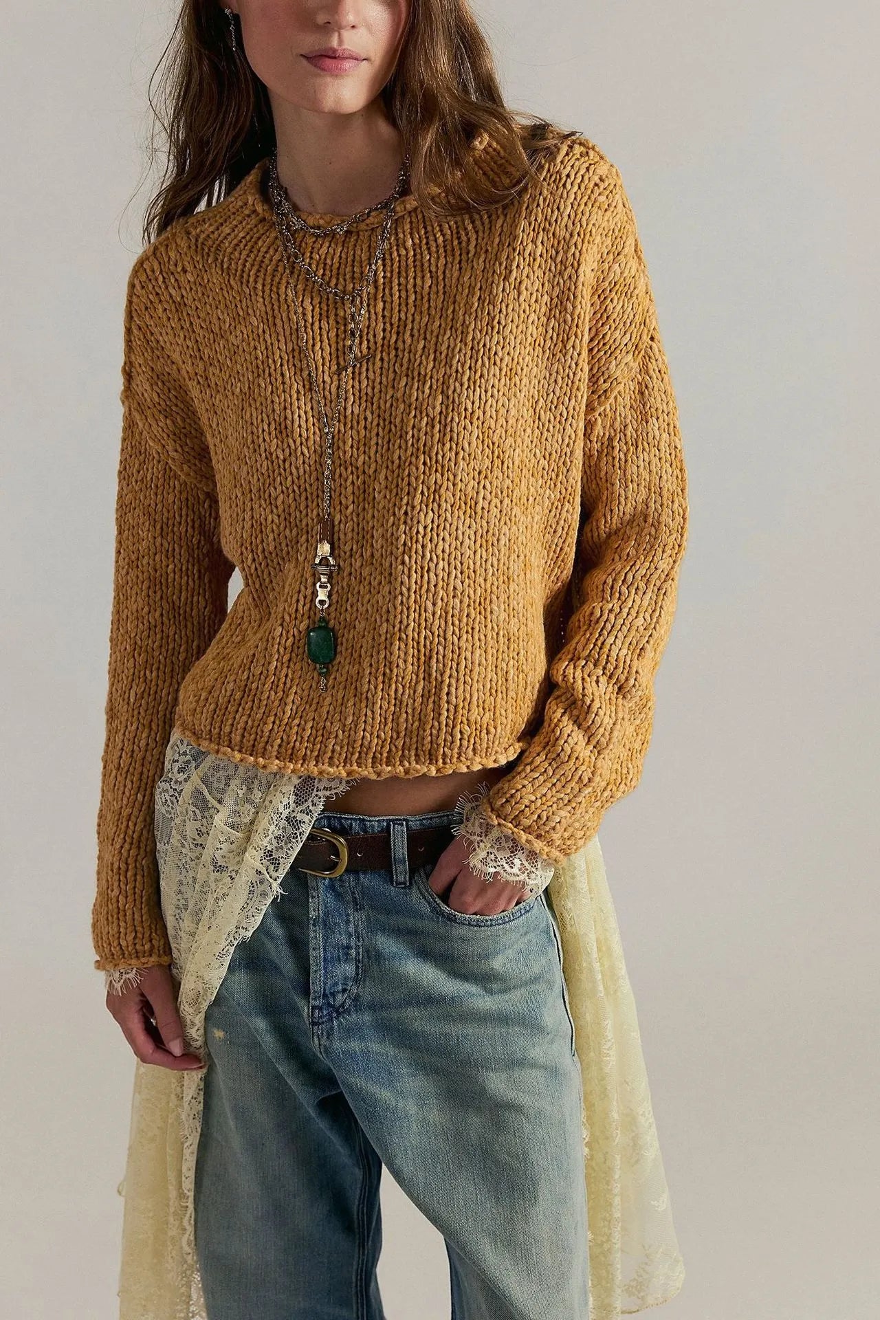Thick Hand Knit Textured Sweater Crew Neck Long Sleeve Cropped Oversized Top