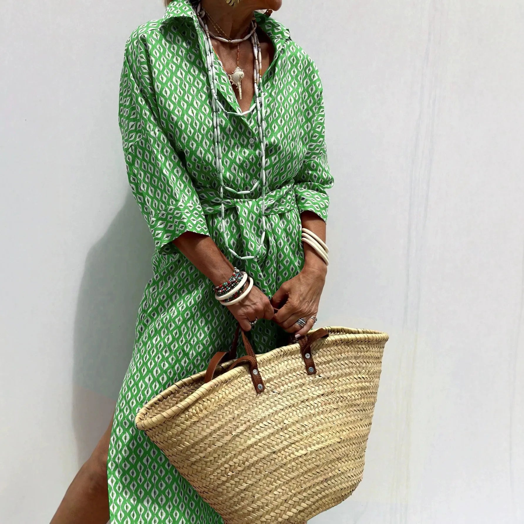 Lapel Five-Quarter Sleeve Printed Loose Maxi Dress Ethnic Travel Shirt Dress