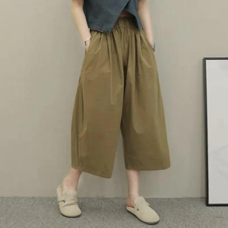 Mid Waist Loose Straight Cropped Casual Pants