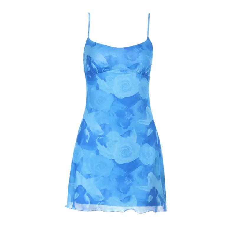 Blue Floral Mesh Mini Dress