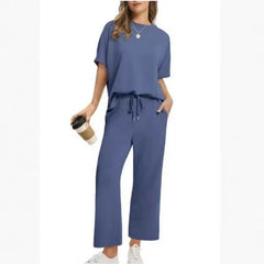 Solid Crew Neck Short Sleeve Top & Elastic Waist Wide Leg Pants