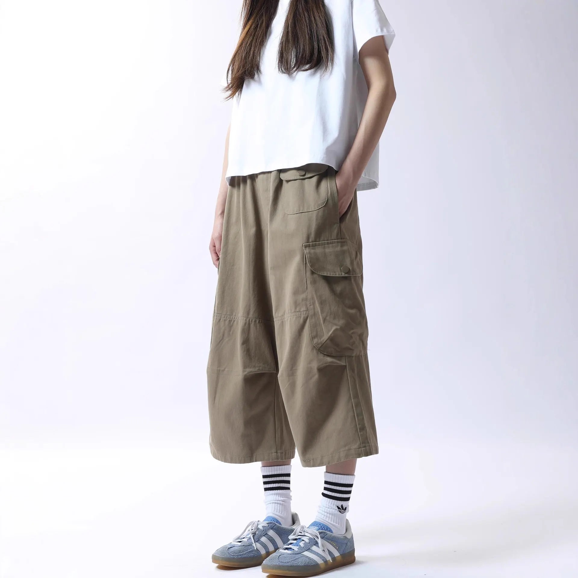 Elastic Waist Multi-Pocket Spliced Cargo Cropped Casual Pants
