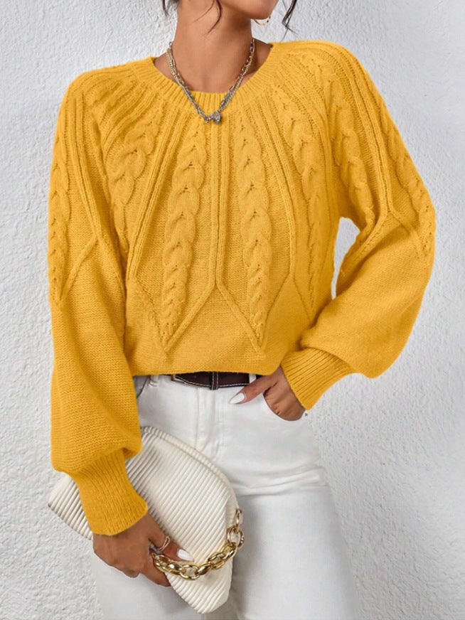Crew Neck Cable Knit Sweater, Long Lantern Sleeve Loose Solid Pullover