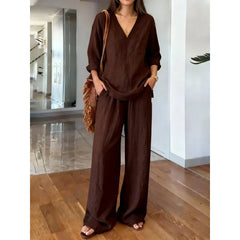 Solid V-Neck Long Sleeve Top & Wide Leg Pants Two-Piece Set