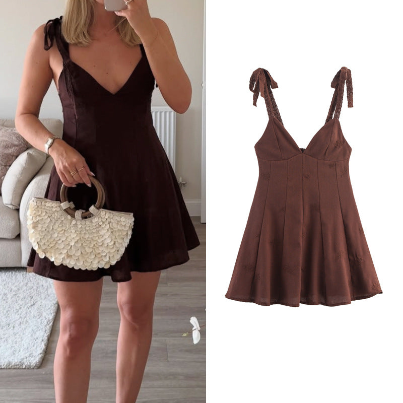 Dark Brown Embroidered Tie-Strap A-Line Mini Dress