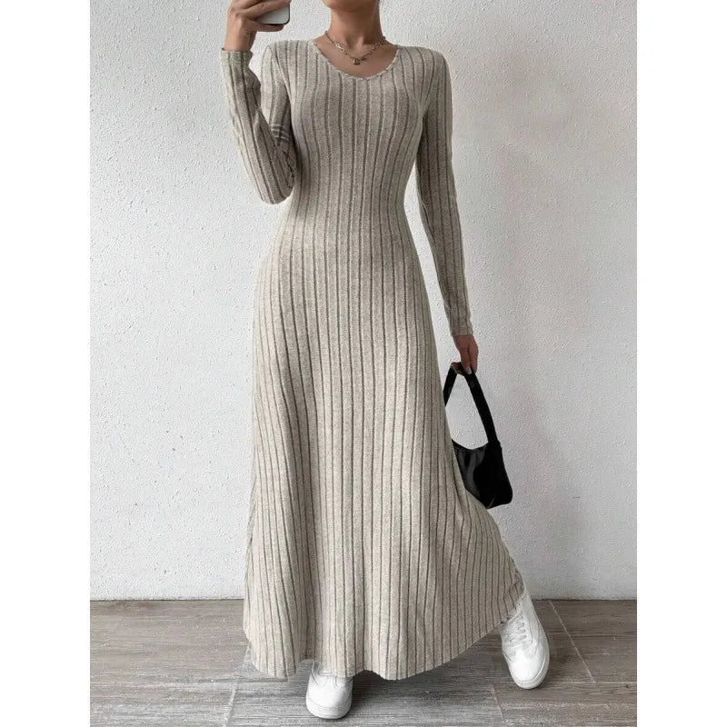 Round Neck Long Sleeve Ribbed Knit Slim A-Line Maxi Dress