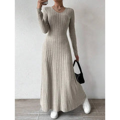 Round Neck Long Sleeve Ribbed Knit Slim A-Line Maxi Dress