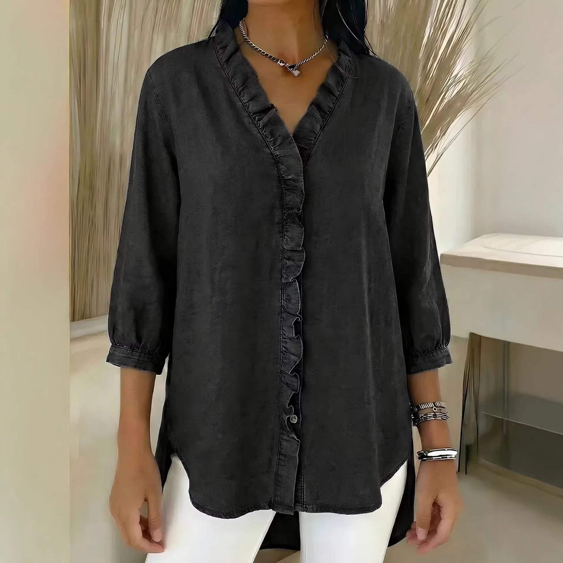 Ruffled V-Neck Three-Quarter Sleeve Blouse