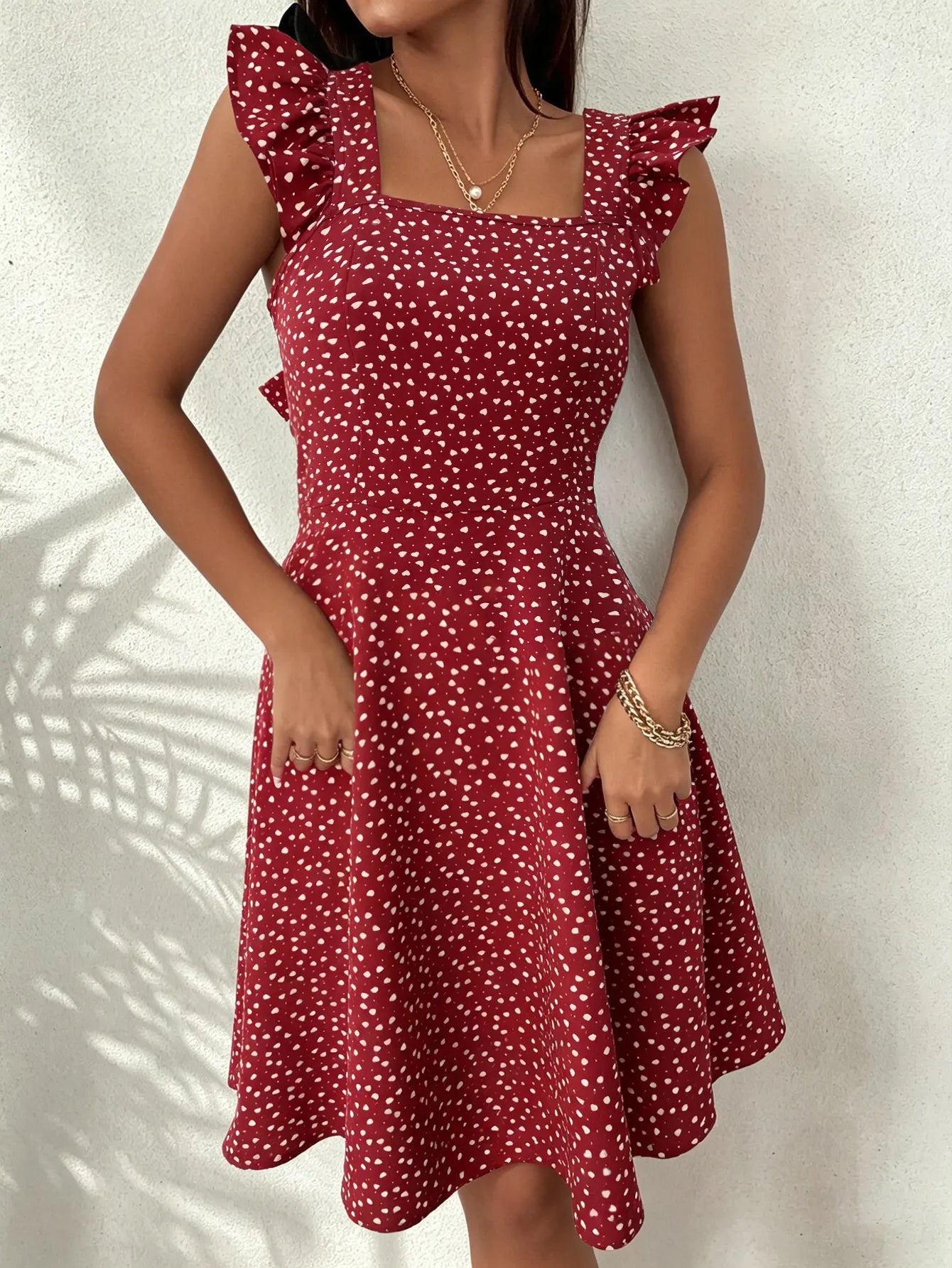 Solid Square Neck Ruffle Strap Flare Mini Dress