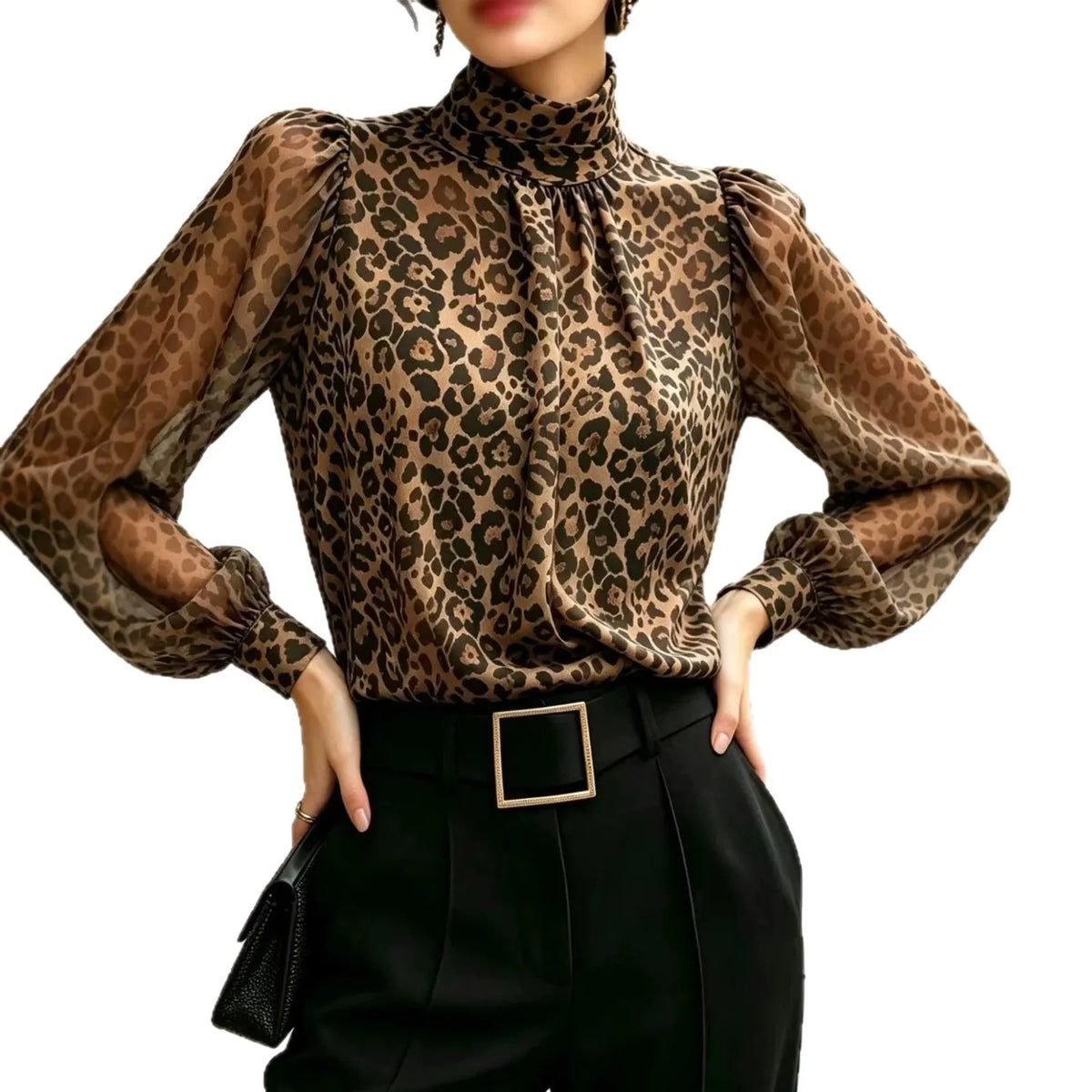 Leopard Print Semi Turtleneck Lantern Long Sleeve Blouse