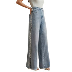 Mid Waist Pearl Beaded Straight Leg Denim Jeans