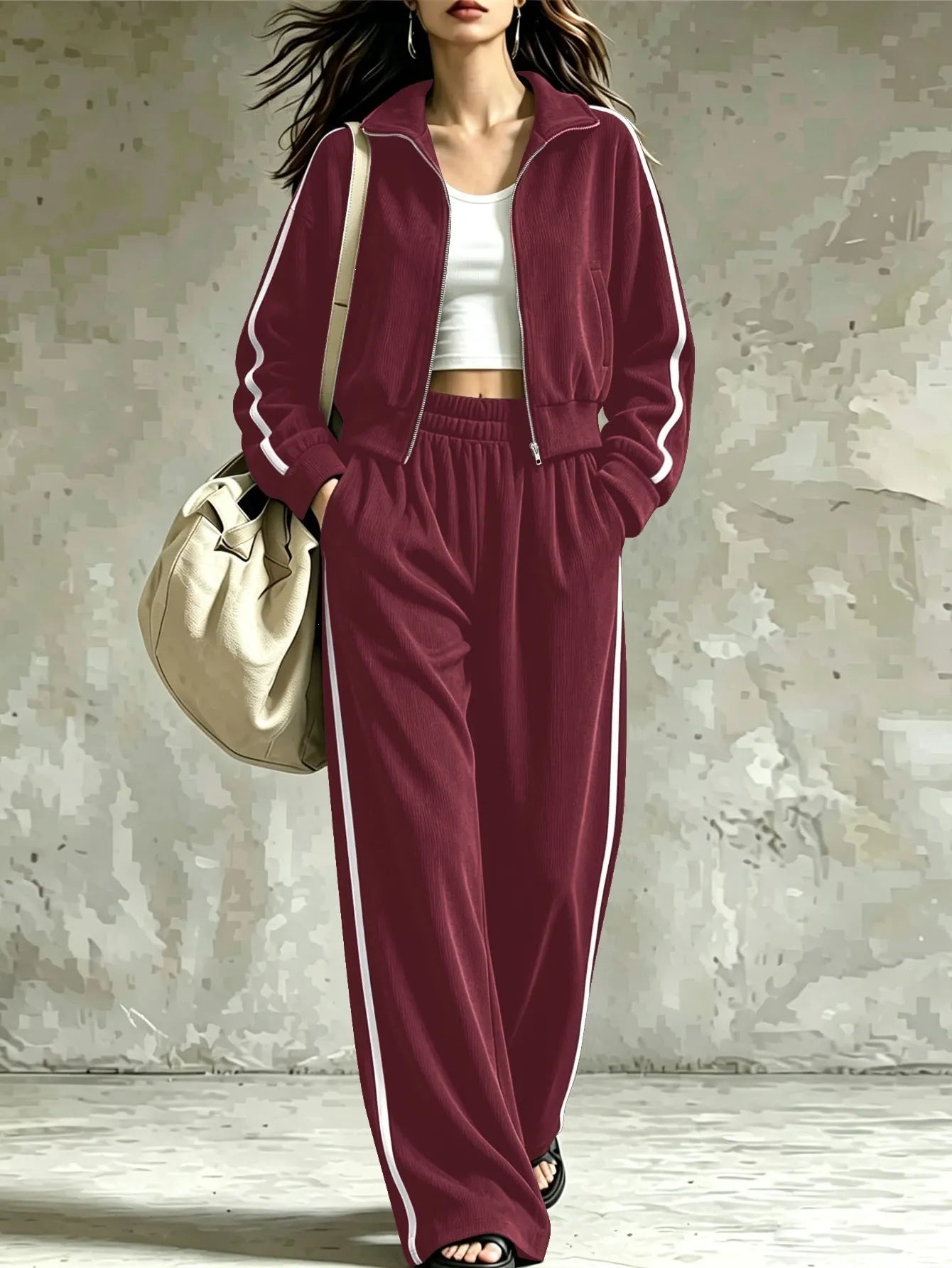 Side Stripe Athletic Sweatsuit, Stand Collar Zip Crop Jacket Elastic Waist Wide Leg Pants Set