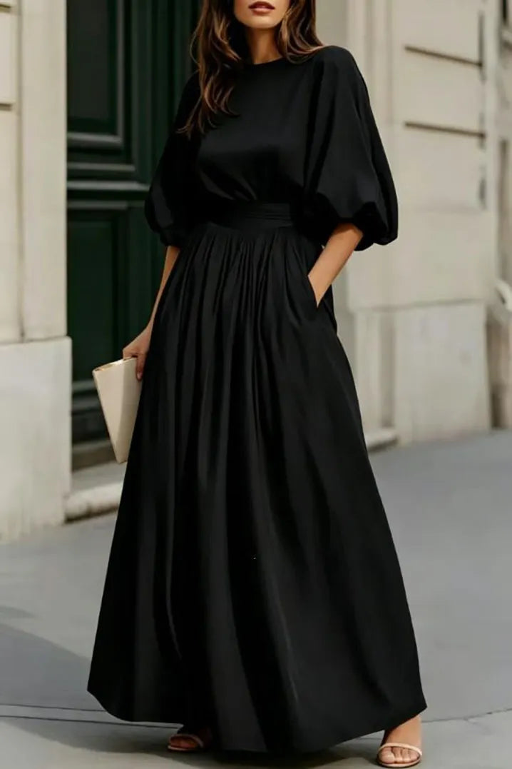 Cream Puff Short Sleeve High Waist Flowy Maxi Dress with Pockets