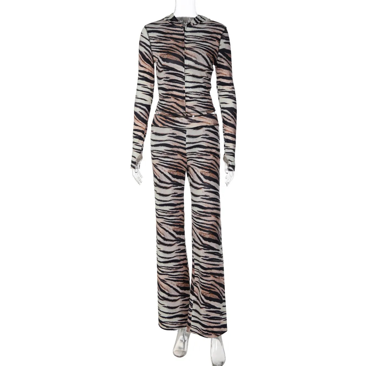 Y2K Animal Print Matching Tracksuit, Hood Zip Up Top & High Waist Flare Pant Set