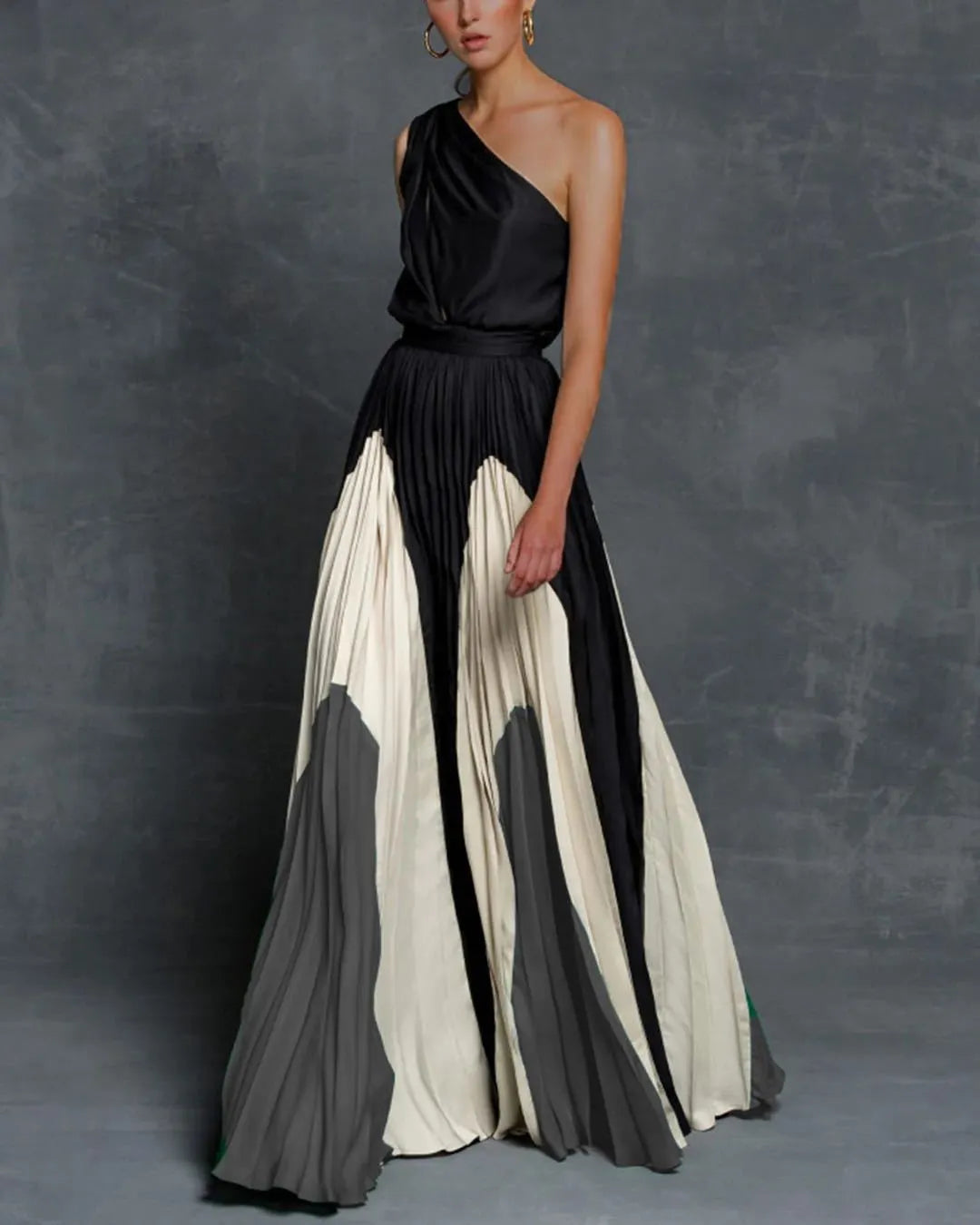 One Shoulder Color Block Printed Maxi Dress