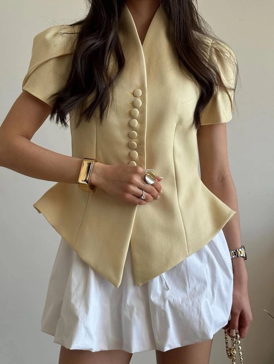 V-Neck Puff Sleeve Button Front Peplum Blouse