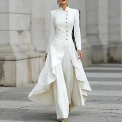 White Stand Collar Long Sleeve Gold Button Skirted Pant Suit