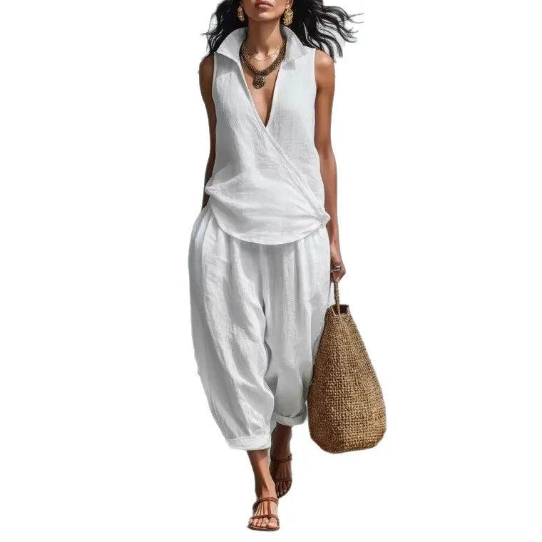 2026 foreign trade cross-border spring and summer new clothing simple lapel shirt and wide-leg pants linen two-piece set