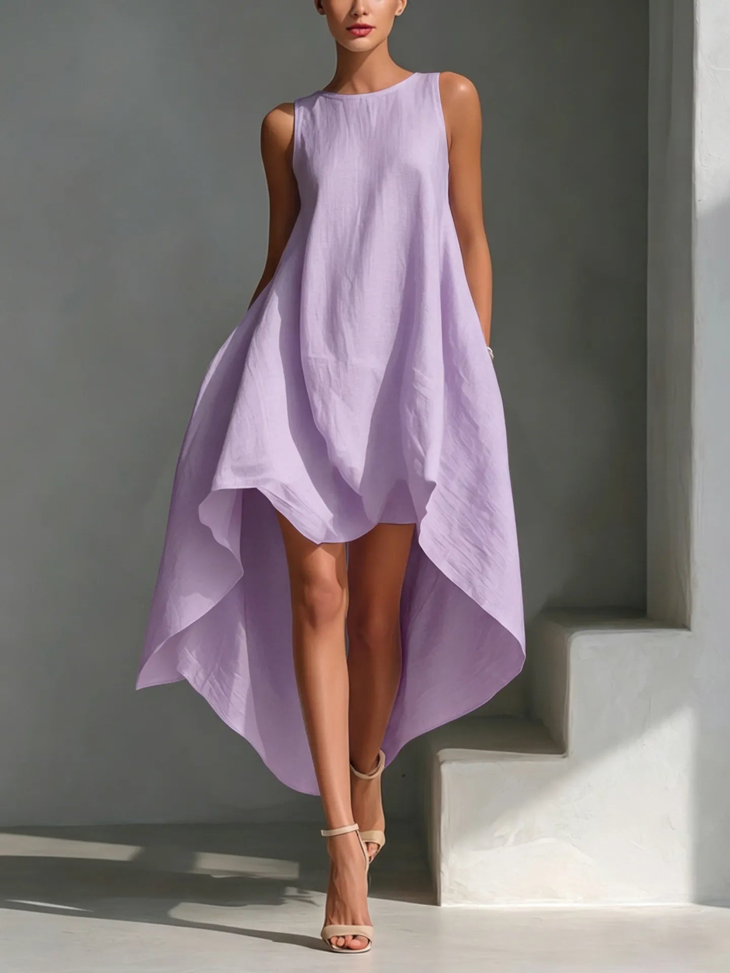 Round Neck Sleeveless High Low Linen Midi Dress