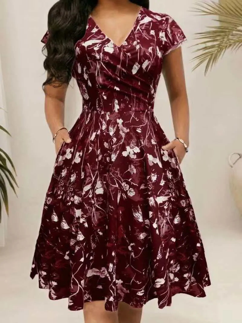 Round Neck Floral Print High Waist Flare Midi Dress