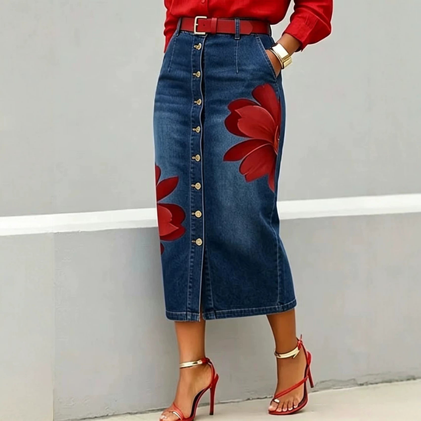 High Waist Red Flower Print Denim Midi Skirt, Button Front Straight Jean Skirt