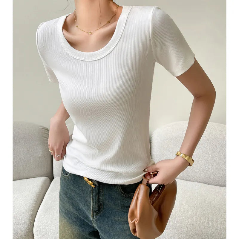 Solid Color Ribbed U-Neck Short Sleeve Loose T-Shirt