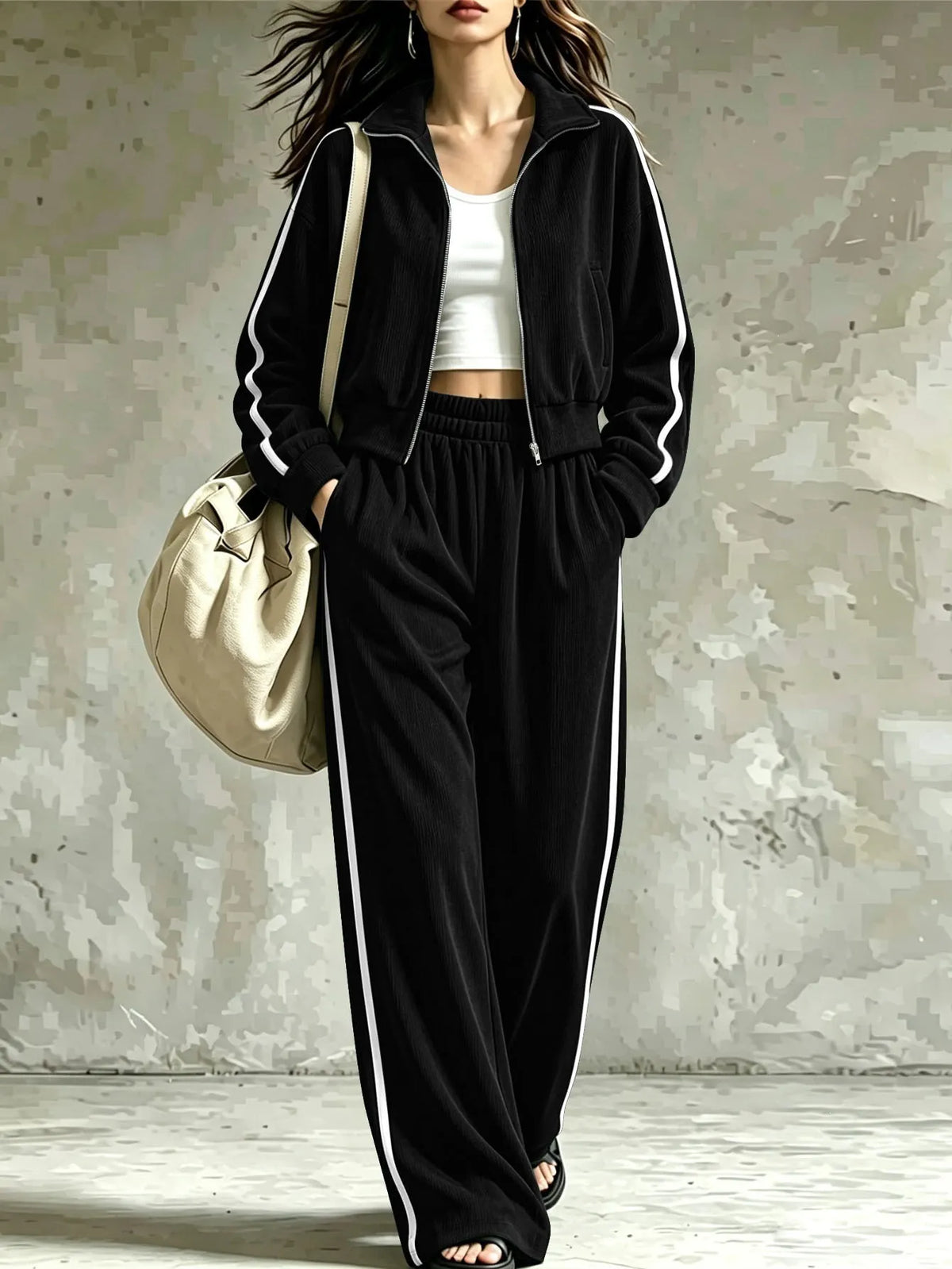 Side Stripe Athletic Sweatsuit, Stand Collar Zip Crop Jacket Elastic Waist Wide Leg Pants Set