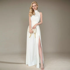 Mock Neck Halter Maxi Dress, Sleeveless High Slit Formal Bridesmaid Gown