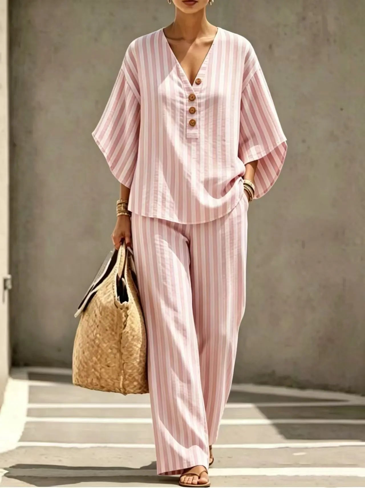 Vertical Stripe Half Button V Neck Top & Wide Leg Pants Two Piece Casual Set