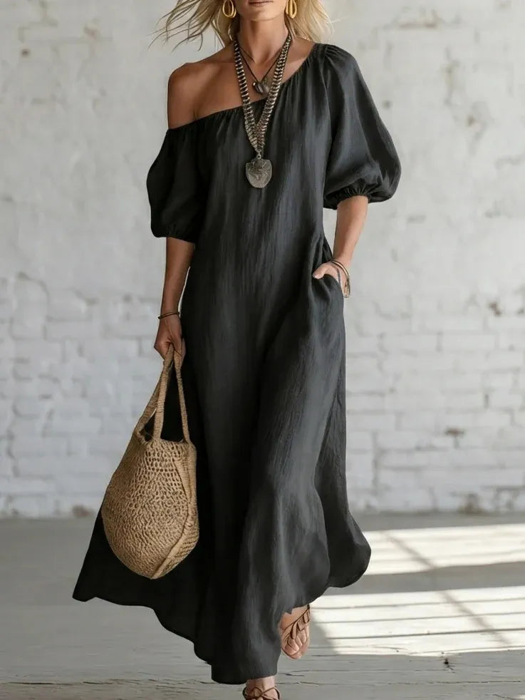 Solid Color Off Shoulder Puff Sleeve Pleated Midi Puffy Shirt Dress