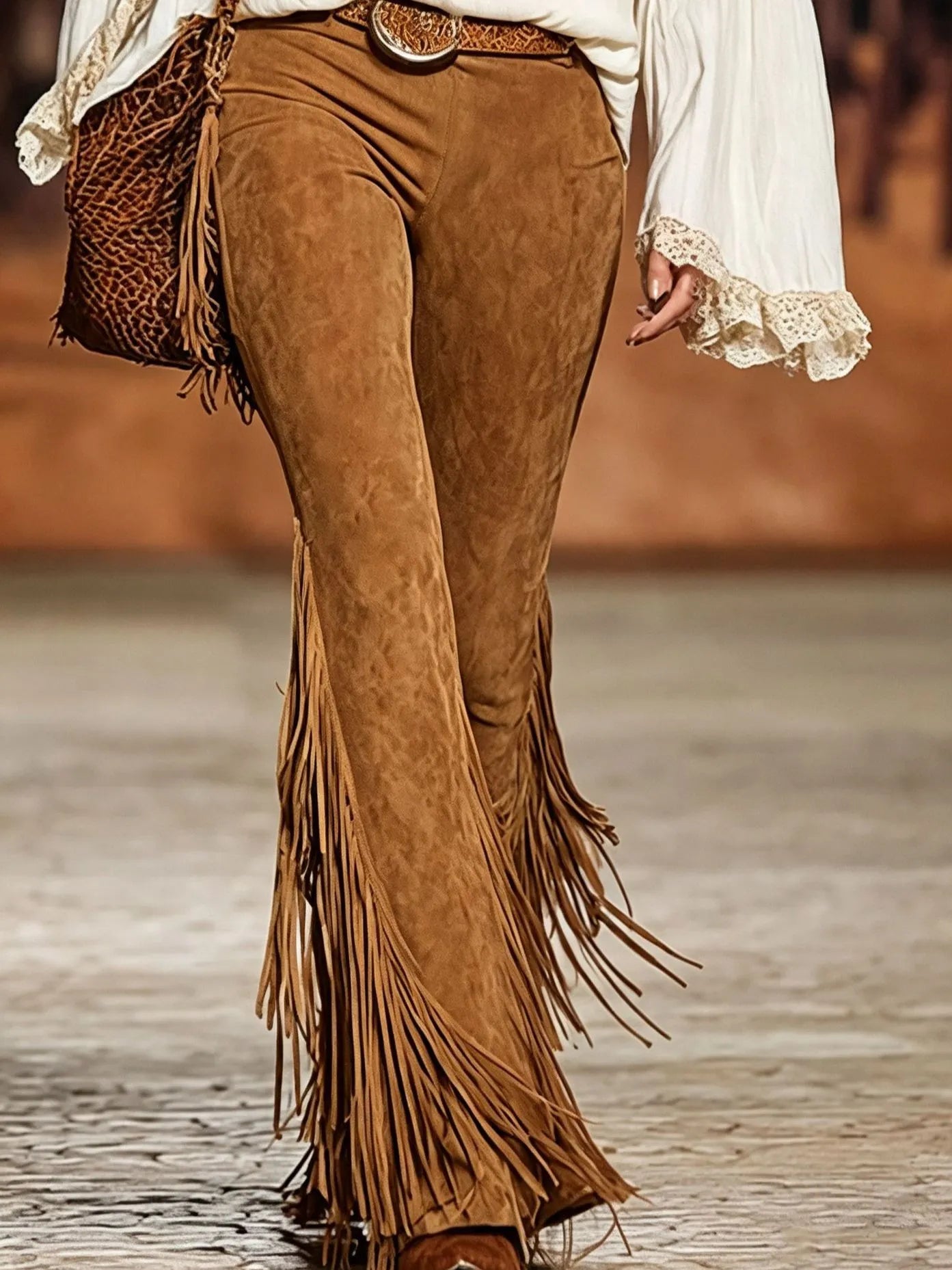 Boho Western Fringed Flared Pants, High Waist Faux Suede Tassel Bell Bottoms