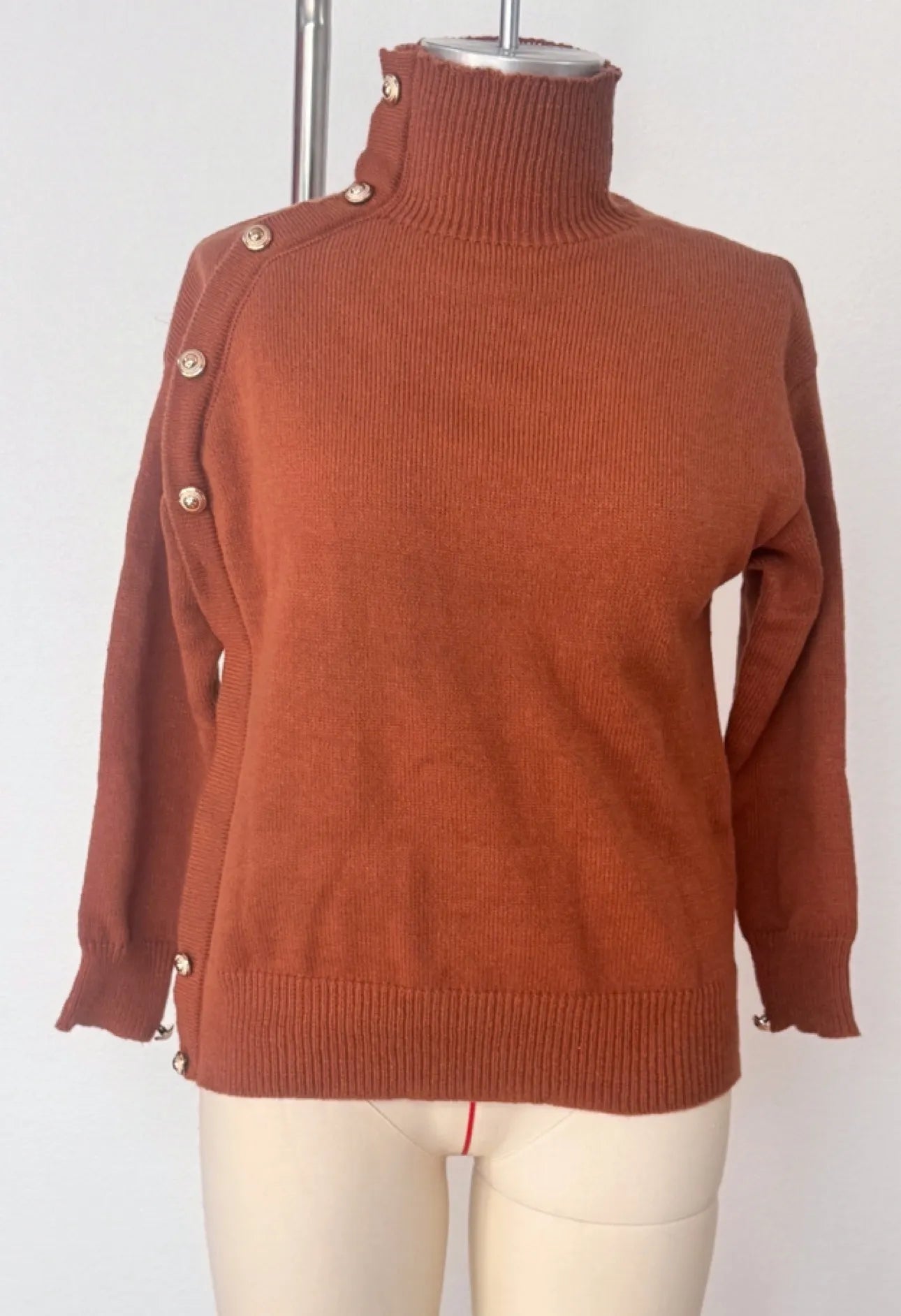 Chic Blue Turtleneck Knit Sweater, Statement Side Gold Buttons Casual Fall Winter Top
