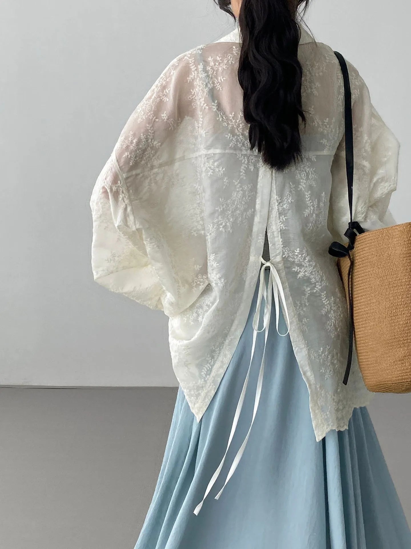 Floral Embroidery Back Tie Sheer Bubble Long Sleeve Oversized Shirt