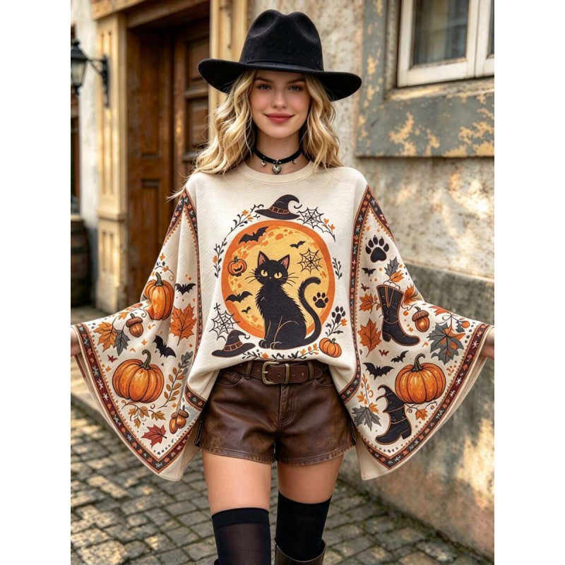 Retro Autumn Halloween Top, Crew Neck Ghost & Pumpkin Print Mixed Pattern Bell Long Sleeve Shirt