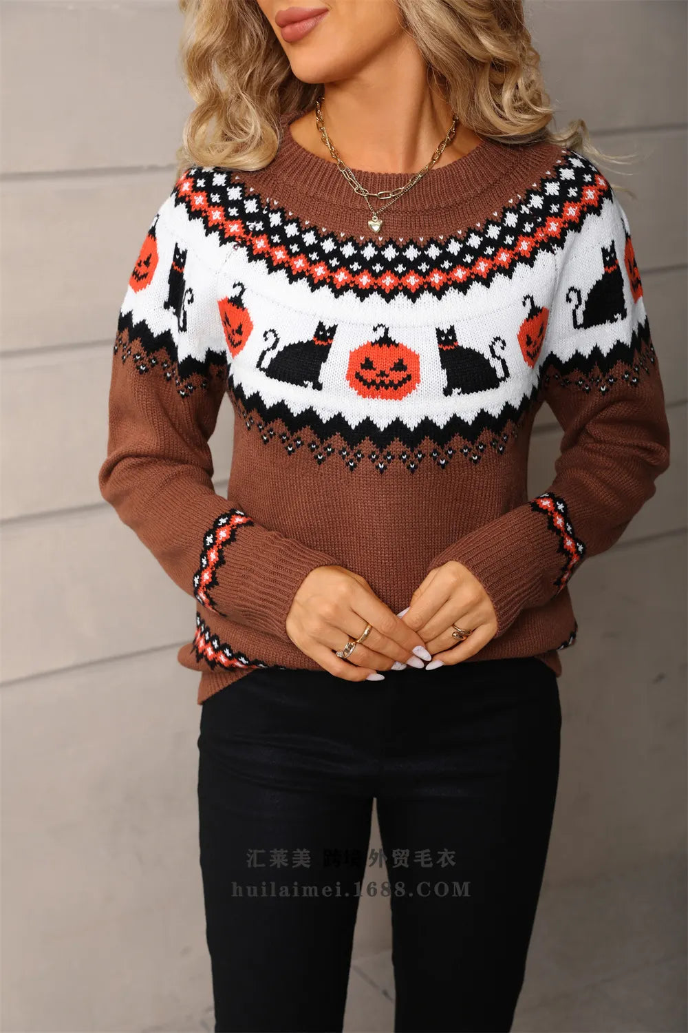 Halloween Black Cat Pumpkin Crew Neck Sweater